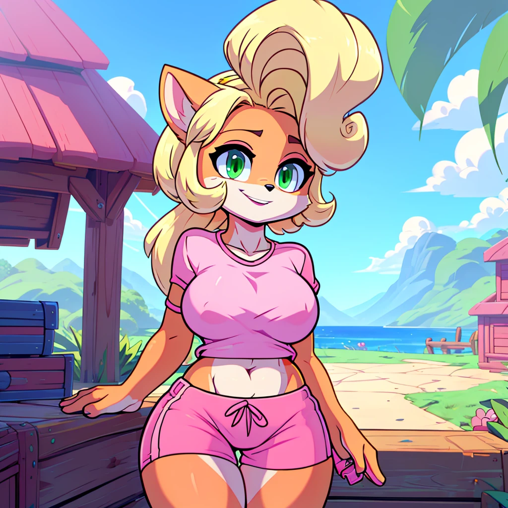 (masterpiece), ((perfect anatomy)), (high Res), (4k), bandicoot, green eyes, blonde hair, huge breast, wide hips, (((pink shirt))), (((pink shorts))), happy, ((((anime artstyle)))), (((solo))), narrow waist