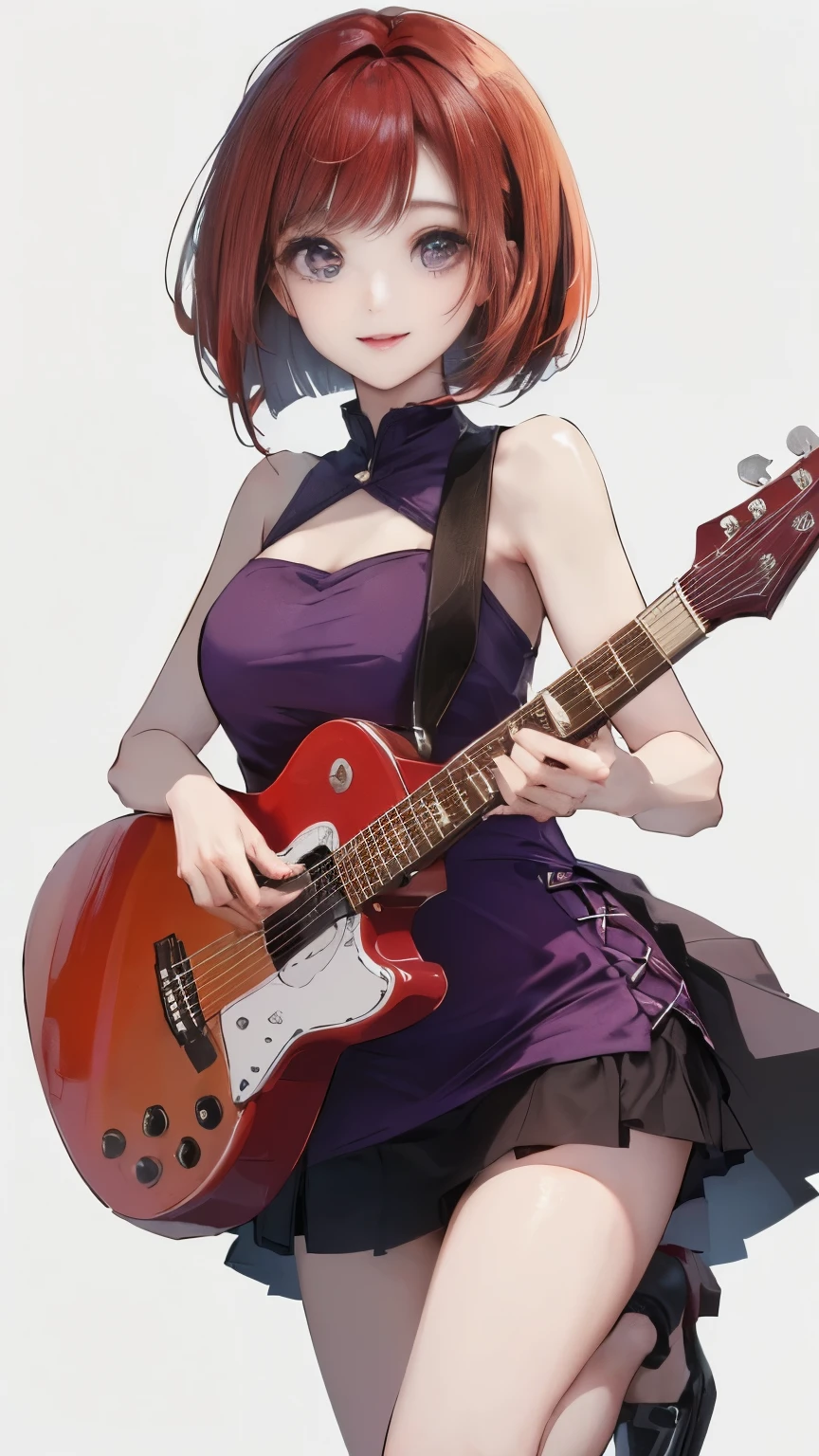 (((White wall background)))、(((Best image quality、8K、Beautiful woman、White wall background)))、guitarist、play the guitar、(((Woman with bob hair)))、(((Red Hair)))、(((smile)))、(((Purple Dress、Mini skirt dress)))、(((Pure white background)))