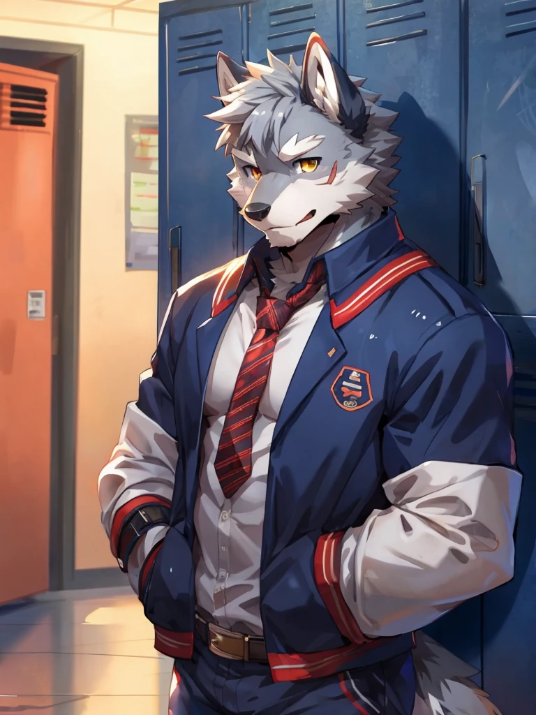 embedding:Gray wolf,Golden Eyes，Single Person,a scar on the face.Gray fur，High school students,Chinese school uniform,Scratch head,Standing by the school locker,Nervous,With his school uniform jacket in his hand,Male.Handsome,Smart,Best quality hands, best quality eye，detailed fur，Delicate eyes.Extreme picture quality，by sollyz,by zixiong,by null_ghost