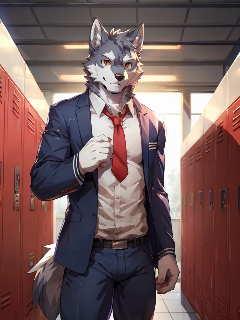 embedding:Gray wolf,Golden Eyes，Single Person,a scar on the face.Gray fur，High school students,Chinese school uniform,Scratch head,Standing by the school locker,Nervous,With his school uniform jacket in his hand,Male.Handsome,Smart,Best quality hands, best quality eye，detailed fur，Delicate eyes.Extreme picture quality，by sollyz,by zixiong,by null_ghost