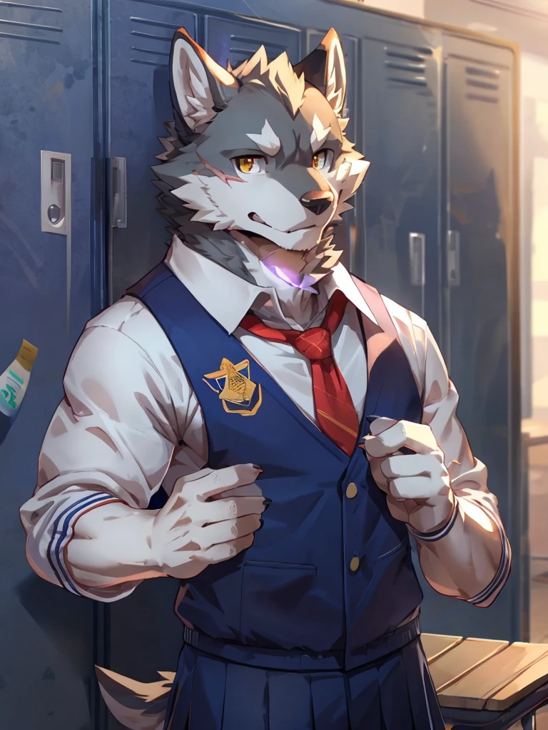 embedding:Gray wolf,Golden Eyes，Single Person,a scar on the face.Gray fur，High school students,Chinese school uniform,Scratch head,Standing by the school locker,Nervous,With his school uniform jacket in his hand,Male.Handsome,Smart,Best quality hands, best quality eye，detailed fur，Delicate eyes.Extreme picture quality，by sollyz,by zixiong,by null_ghost