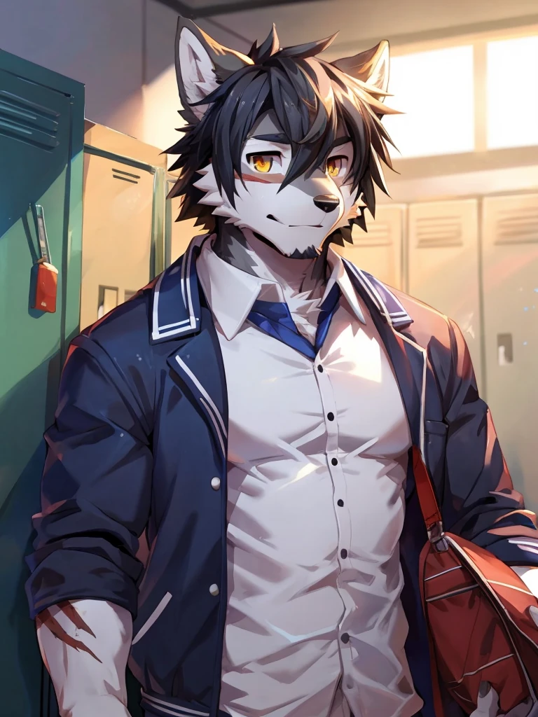 embedding:Gray wolf,Golden Eyes,Single Person,a scar on the face.Gray fur,High school students,Chinese school uniform,Scratch head,Standing by the school locker,Nervous,With his school uniform jacket in his hand,Male.Handsome,Smart,Best quality hands, best quality eye,detailed fur,Delicate eyes.Extreme picture quality,by sollyz,by zixiong,by null_ghost