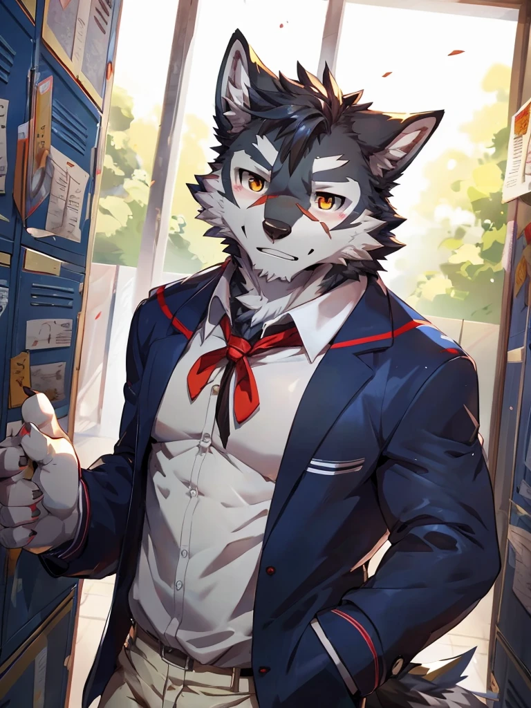 embedding:Gray wolf,Golden Eyes，Single Person,a scar on the face.Gray fur，High school students,Chinese school uniform,Scratch head,Standing by the school locker,Nervous,With his school uniform jacket in his hand,Male.Handsome,Smart,Best quality hands, best quality eye，detailed fur，Delicate eyes.Extreme picture quality，by sollyz,by zixiong,by null_ghost