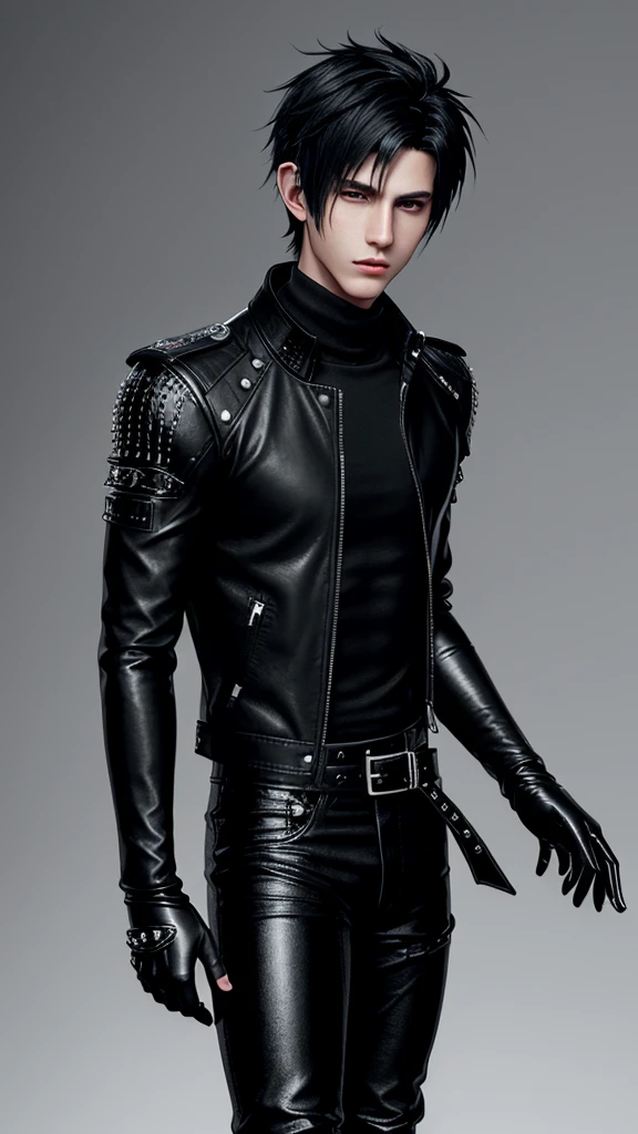 Final fantasy taste and reality graphics, Japanese young cute and cool ikemen boy, his age is early 20s, thin eyebrows and beady eyes, he wearing off black color leather thick singlebrest biker jacket, with epaulet, must close the front of the leather jacket, jacket is biker style, jacket is voluminous, , jacket collar is high length stand-up collar with belts, jacket is a little black line pattern,close the front of the jacket, also wearing black thick turtleneck lackluster shirts, tight black leather pants, shiny black leather tight and thin glove, black leather knee-high raceup boots,must views head-to-toe,must views whole body, boy looks like fashion model,Do not show skin from the neck down,leather jacket leather glove and leather pants have few wrinkles,boy in the room,