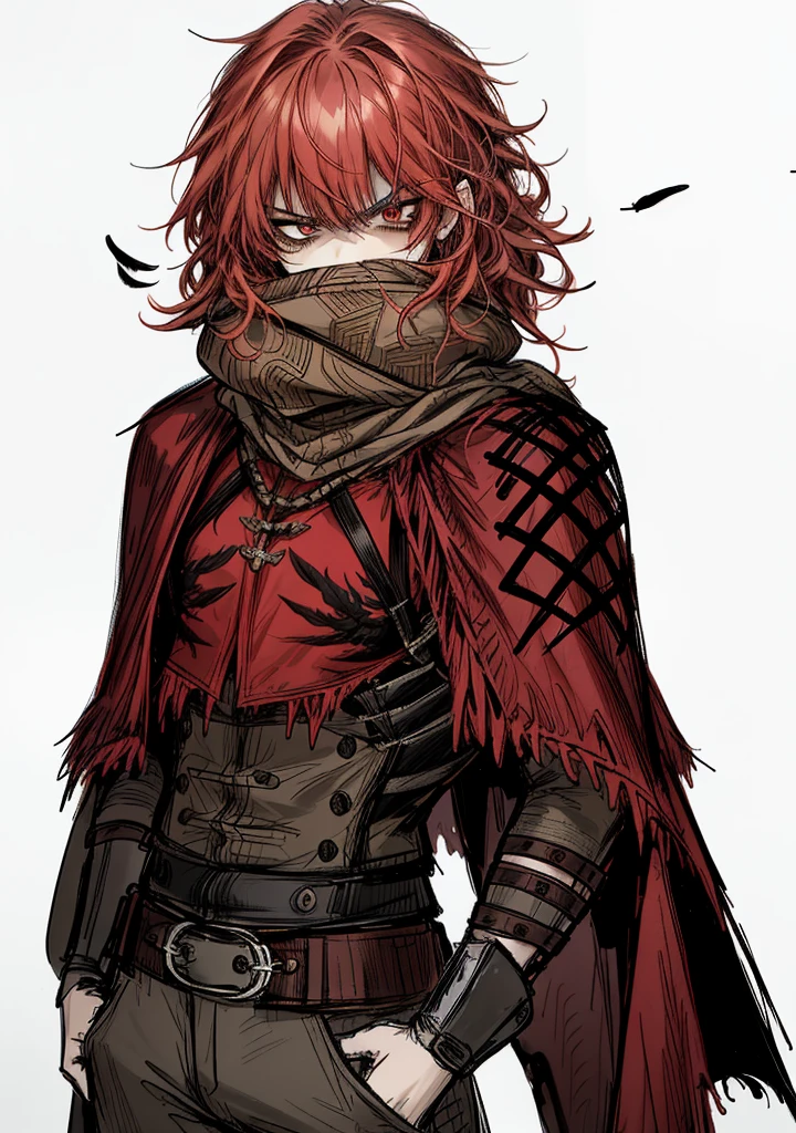 1boy, angry face, scarf, red eyes,feather, bandit clothes, mercenary, red hair, wavy hair, cape, 
beautiful clothes, (high resolution, high detail, best quality), solo, big chest, sfw