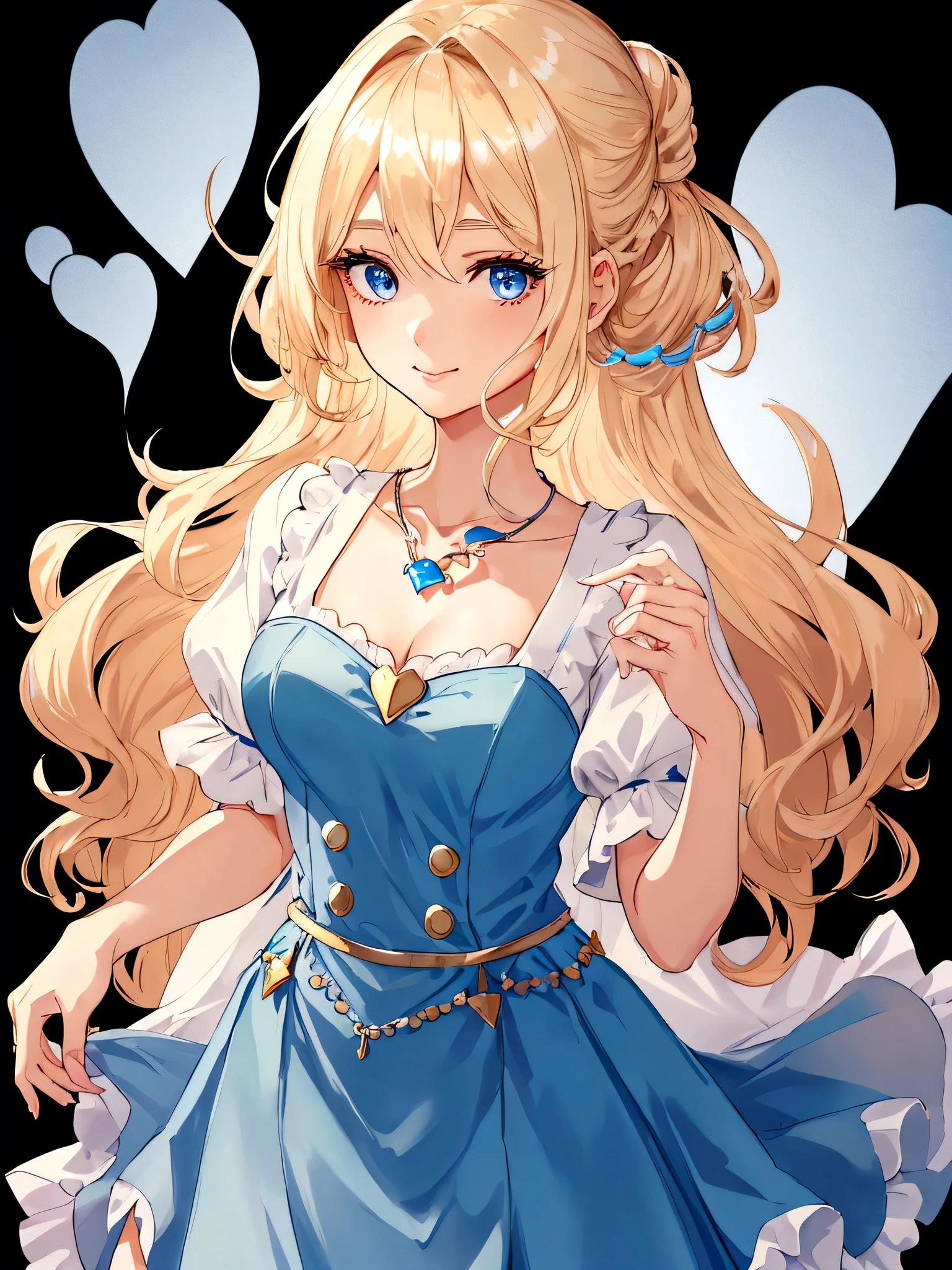 a young woman with blonde hair and bright blue eyes. She's wearing a blue dress with a white collar and a simple silver necklace. She stands in front of a black background with a neutral expression and a hint of a smile.Her hair is styled straight and falls down her shoulders. She has thin blonde eyebrows and long eyelashes. Her lips are naturally pink. Her dress has a long skirt and short sleeves. Her necklace has a small heart-shaped pendant.