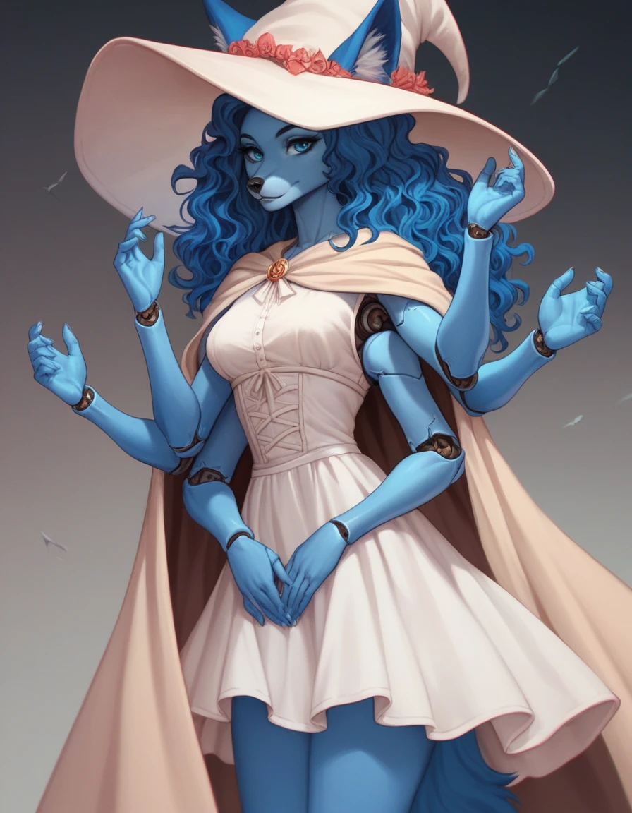 Score_9, score_8_up, score_7_up, , 1girl, solo, an Anthro furry blue fox girl, fox snout, black nose, IncrsXLRanni, wavy hair, cracked skin, colored skin, blue fur, extra arms, four arms, doll joints, white dress, hat, cloak, 