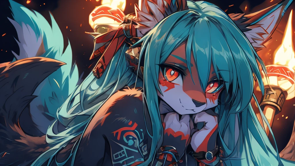 Miku Hatsune, add high definition_detail:1, blue fur,kitsune ears, tribal tattoo add_detail:1, in hell add_detail 