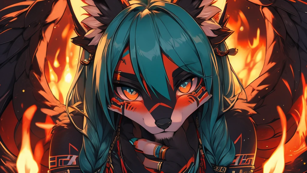 Miku Hatsune, add high definition_detail:1, blue fur,kitsune ears, tribal tattoo add_detail:1, in hell add_detail 