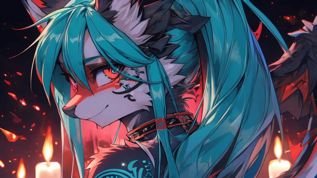 Miku Hatsune, add high definition_detail:1, blue fur,kitsune ears, tribal tattoo add_detail:1, in hell add_detail 