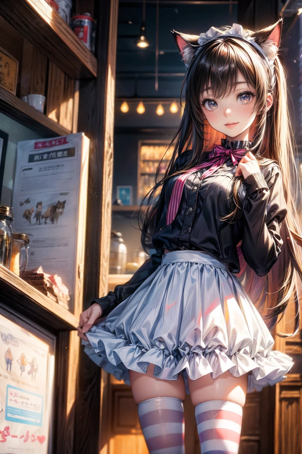 One Girl、(20-year-old woman)、Cat ears headband、Cat tail、Black maid outfit、Holding a tray with two parfaits on it in one hand、With the other hand, lift your skirt to show your underwear、Short skirt、I can see your pants、White knee-high socks、(Striped pants:1.3)、Highest quality、8K、Beautiful Face、Mischievous smile、Wink to the viewer、View Viewer、A bright cafe with a black cat