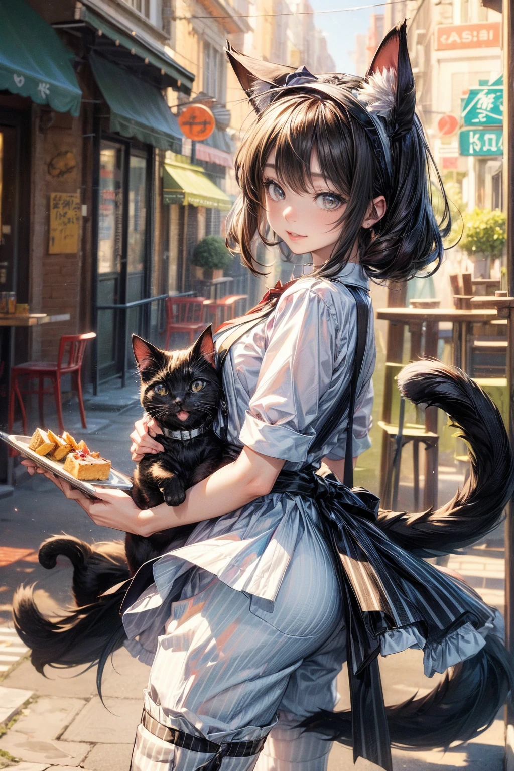 One Girl、(20-year-old woman)、Cat ears headband、Cat tail、Black maid outfit、Holding a tray with two parfaits on it in one hand、With the other hand, lift your skirt to show your underwear、Short skirt、I can see your pants、White knee-high socks、(Striped pants:1.3)、Highest quality、8K、Beautiful Face、Mischievous smile、Wink to the viewer、View Viewer、A bright cafe with a black cat