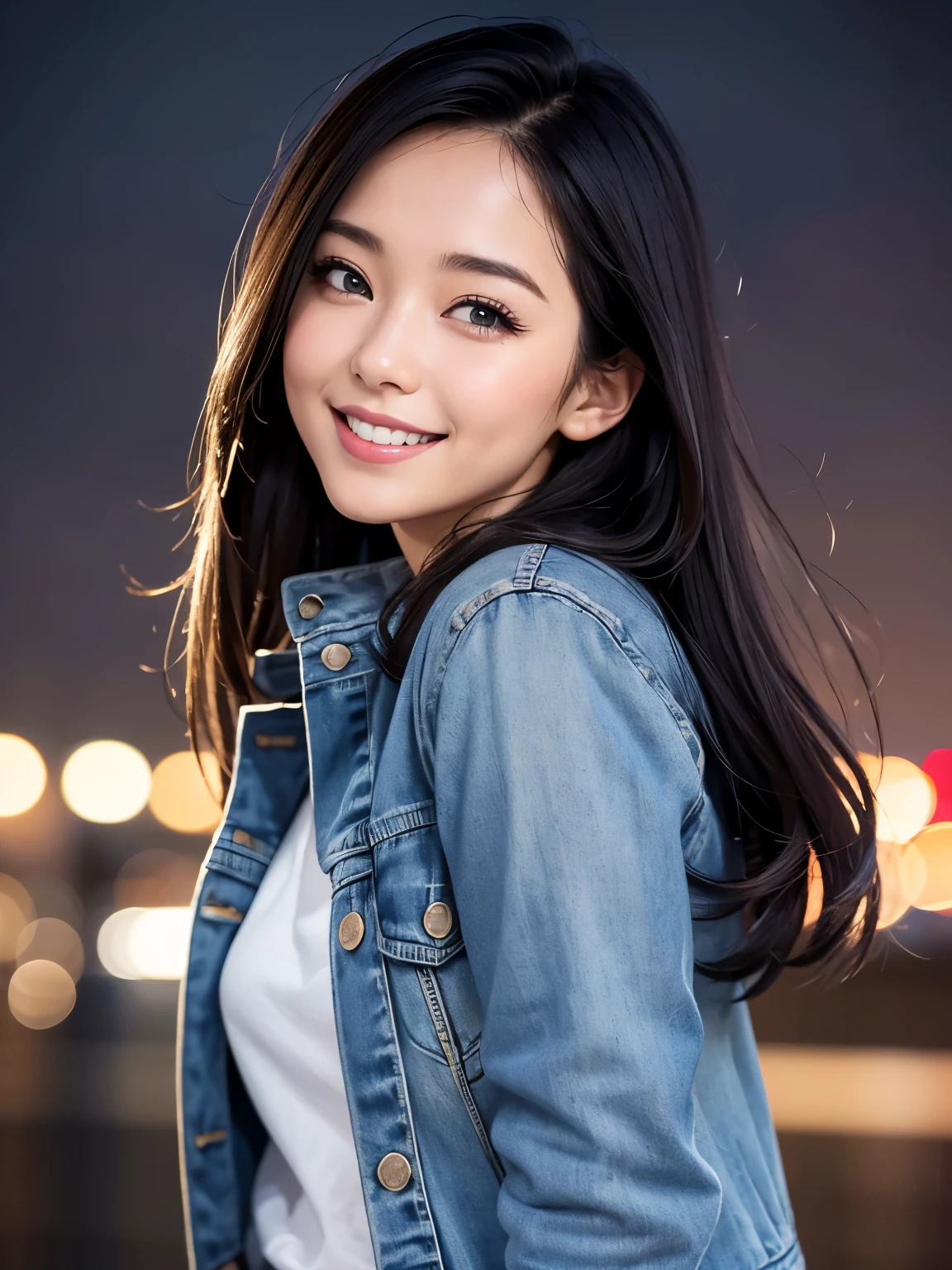 City pop woman, night background, dark hair, loose hair, smiling face, upper body, denim jacket, masterpiece, top quality, super detailed, ultra detailed, 4K, 8K, ((clearly drawn face)), (beautifully detailed eyes, super detailed skin))