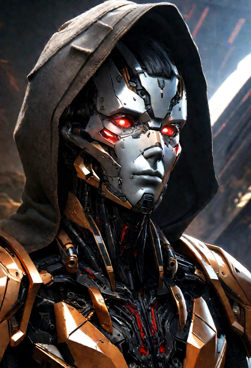 Sharpened man in black and red metallic armor with hood, detailed portrait of a cyborg, close-up portrait of cyborg, portrait of a futuristic robot, male cyborg military commander, attractive science fiction face, masculine appearance, portrait of cyborg, Futuristic Setting, portrait of a cyborg, cyborg portrait, portrait of a cyborg cyberpunk, male cyborg, in metallic black futuristic armor, olpntng style, Portrait of the gynoid robot Samus in Wasteland, perfect composition, beautiful detailed intricate insanely detailed octane render Tendências no ArtStation, 8k art photography, photorrealistic concept art, soft natural volumetric cinematic perfect light, Bright dark, rewarded photography, work of art, oil on canvas, perfect composition, beautiful detailed intricate insanely detailed octane render Tendências no ArtStation, 8k art photography, photorrealistic concept art, futuristic setting, soft natural volumetric cinematic perfect light, darkness background