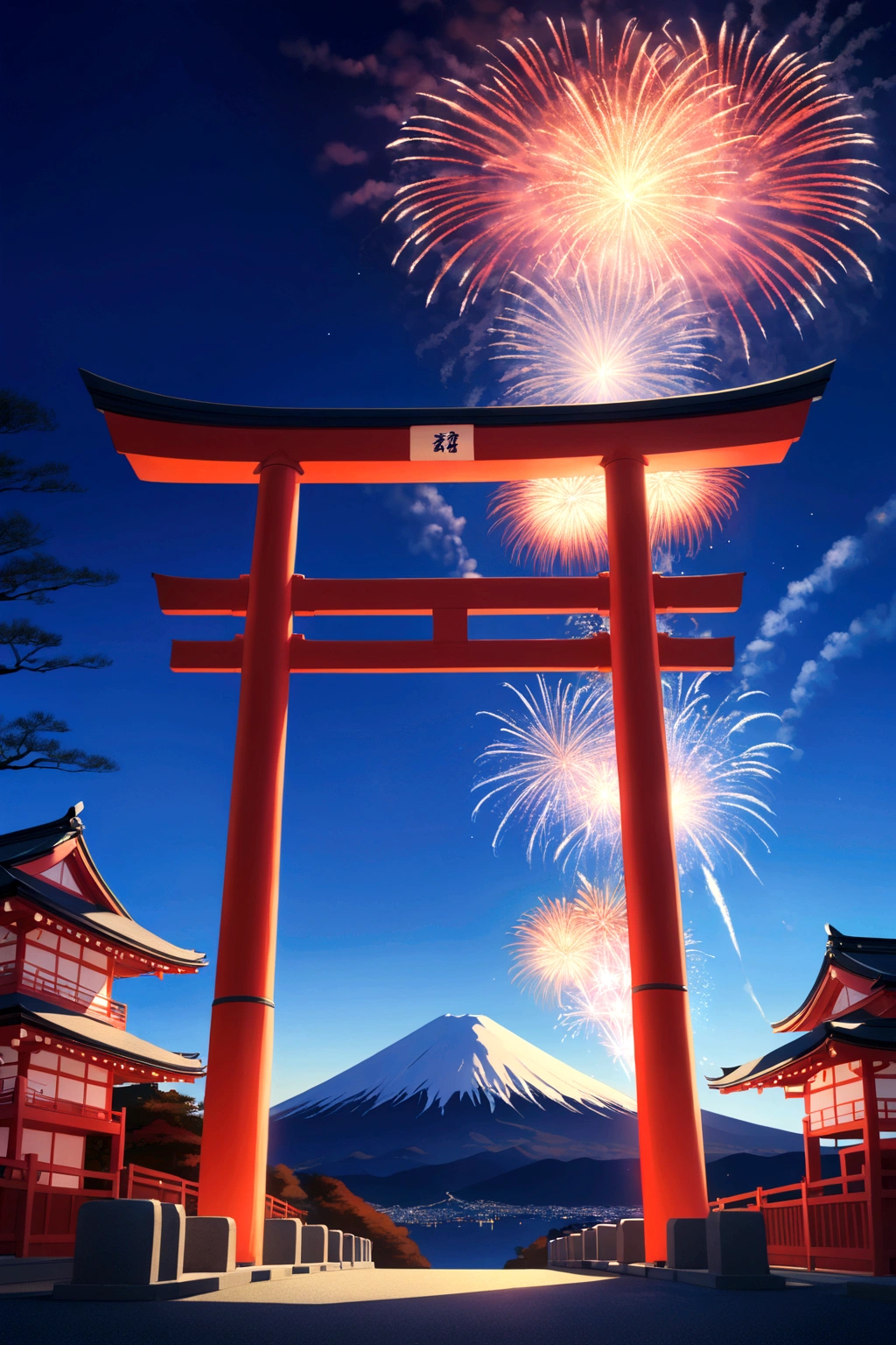 firework、Fuji Mountain、torii、blue sky