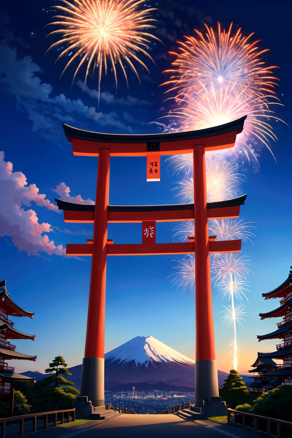 firework、Fuji Mountain、torii、blue sky