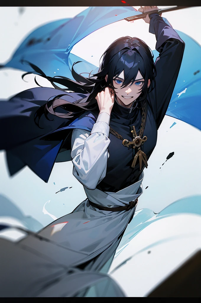 Man,male,malefocus,solo,anime,black hair,blood on mouth,blue eyes,long hair,hair between eyes, smile, long sleeves, grin,pale skin, medieval clothes, warrior clothes,8k, ultra detalhe