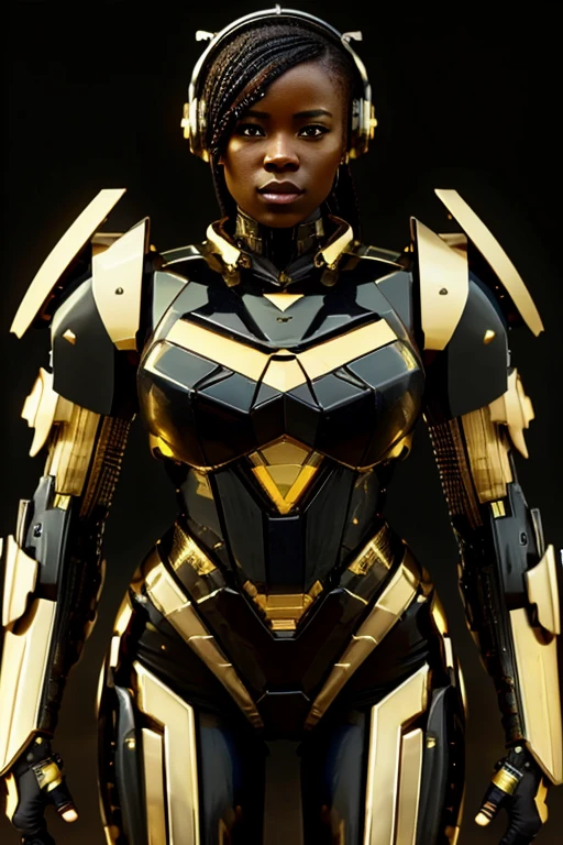 African Woman, ethnically African, Muscular and fit, wearing black and gold power armor, luxtech, cyberpunk