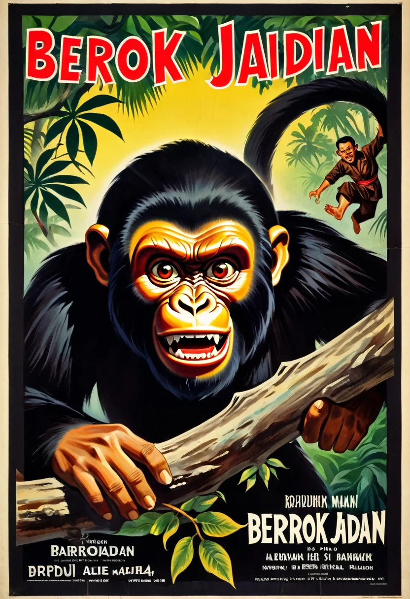 vintage film poster illustration. A vintage movie poster of horror film in 1940's style, title "Berok Jadian" . featuring retro style with a black border around all edges. There is an Malay man with a scary monkey face, fierce, eerie, ugly, hairy face, wearing black baju melayu,  hanging upside down on big tree branch. hyper realistic