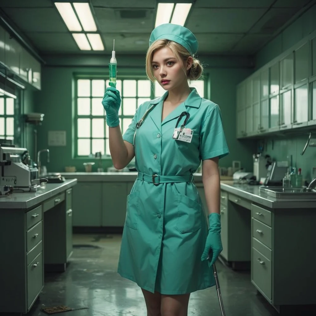 photo realistic ,high detailed,16K,about nurse, holding a syringe, wearing laboratory outfit, with high heels,in the mix dark and green, abondoned futuristic lab background,spooky but funny atmosphere