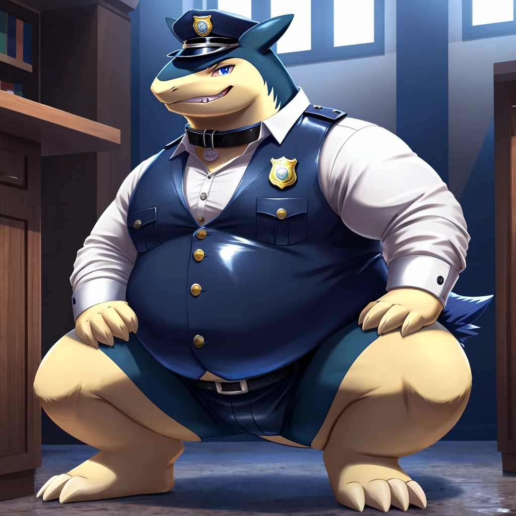 Solo, Male, fat, squatting, extremely obese, gentleman, dapper Typhlosion, blue eyes, (soft shading), 4k, hi res, ((detailed face, detailed)), looking at viewer, evil grin, police station, collared shirt with buttons, hat, male focus, Police Uniform, glasses, monocle, vest with buttons, sleeves rolled up, round eyewear, headwear, vest, Typhlosion is wearing a glossy leather dog collar around the neck, Typhlosion is wearing the leather collar and shirt and vest at the same time, Typhlosion is wearing glossy white rubber gloves on the hands, wearing white rubber gloves on the feet, Typhlosion is wearing glossy white cuffs around the wrists with cufflinks, gloves are rubber in texture, clenching teeth, clenching fists, leather collar is glossy and shiny with a lot of detail, Typhlosion is wearing gloves and cuffs and cufflinks at the same time, leather collar has a round dog-tag, leather collar is thick and detailed.