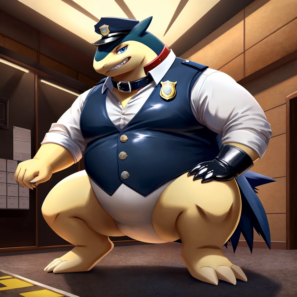 Solo, Male, fat, squatting, extremely obese, gentleman, dapper Typhlosion, blue eyes, (soft shading), 4k, hi res, ((detailed face, detailed)), looking at viewer, evil grin, police station, collared shirt with buttons, hat, male focus, Police Uniform, glasses, monocle, vest with buttons, sleeves rolled up, round eyewear, headwear, vest, Typhlosion is wearing a glossy leather dog collar around the neck, Typhlosion is wearing the leather collar and shirt and vest at the same time, Typhlosion is wearing glossy white rubber gloves on the hands, wearing white rubber gloves on the feet, Typhlosion is wearing glossy white cuffs around the wrists with cufflinks, gloves are rubber in texture, clenching teeth, clenching fists, leather collar is glossy and shiny with a lot of detail, Typhlosion is wearing gloves and cuffs and cufflinks at the same time, leather collar has a round dog-tag, leather collar is thick and detailed.