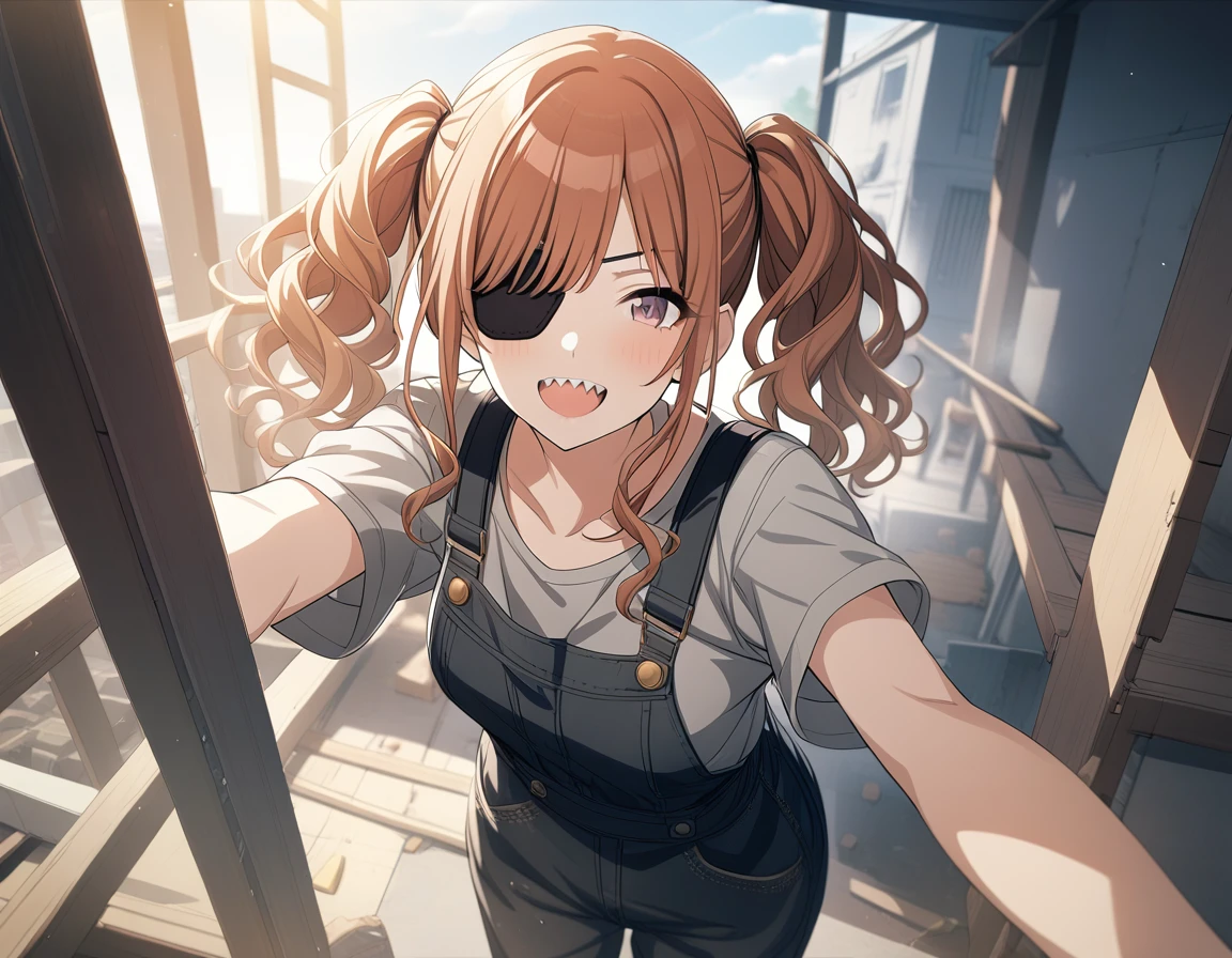 1girl, idolmaster shiny colors, game cg, solo, looking viewer, cinematic angle, masterpiece, best quality, twintails, orange hair, messy hair, eyepatch, shark teeth, black overalls, construction worker