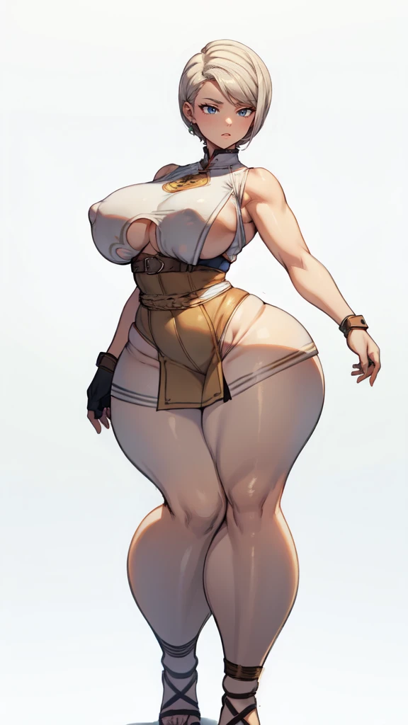 (masterpiece), best quality, female warrior, huge girl, female muscular:1.2, ((very short hair:1.6)), blonde hair, big breast, (curvy:1.8), (((blank background))), ((full body)), fingerless gloves, sandals, sleeveless, covered nipples, (underboobs:1.3), tshirt top, shaved hair, (buzzcut hairstyle), white socks