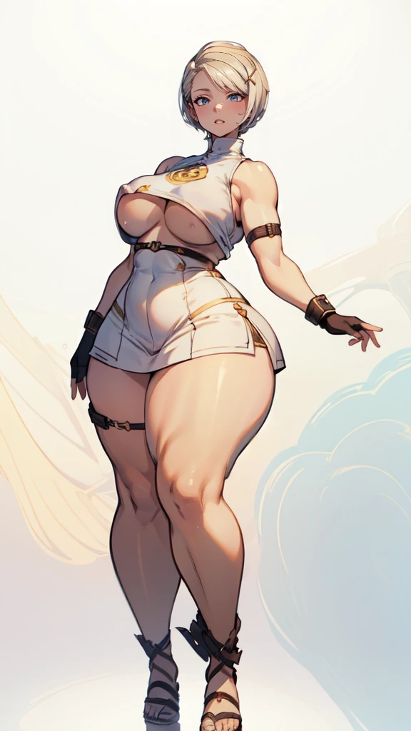 (masterpiece), best quality, female warrior, huge girl, female muscular:1.2, ((very short hair:1.6)), blonde hair, big breast, (curvy:1.8), (((blank background))), ((full body)), fingerless gloves, sandals, sleeveless, covered nipples, (underboobs:1.3), tshirt top, shaved hair, (buzzcut hairstyle), white socks