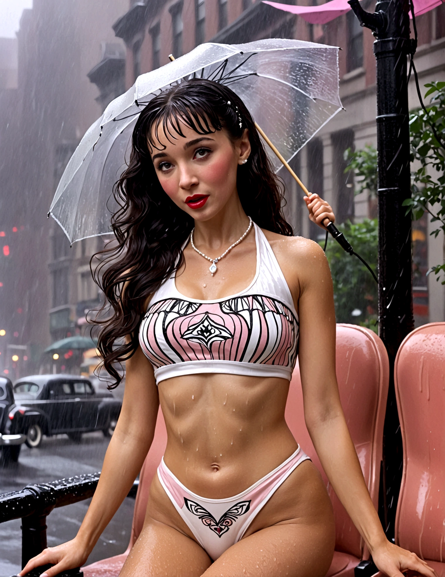 Old timey musical, a cute woman (tiny outfit) is tap dancing in a down pour (she is singing in the rain), 1950s streets of new York, heavy rain