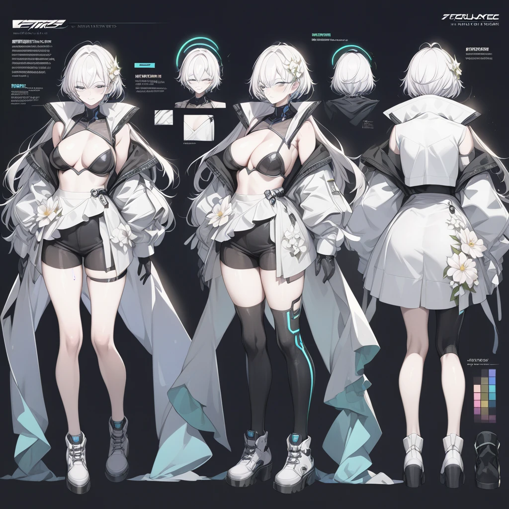 (Masterpiece, Best Quality:1.2), 1 girl, Alone, male anime character, extravagant cyberpunk style clothes, idol, femboy, front and rear reference sheet, whole body, flower theme,