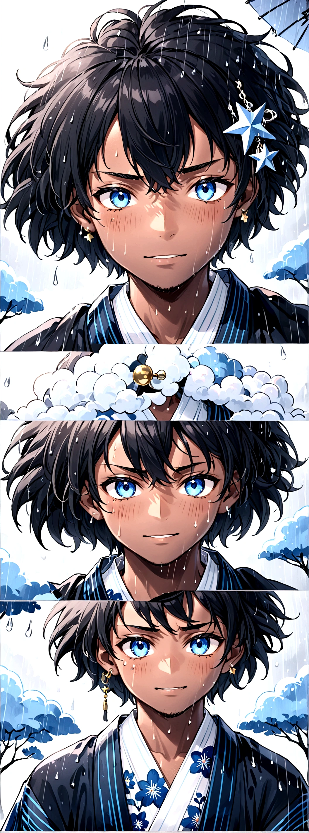 A dark-skinned man with very happy blue eyes, with short, fluffy hair with some navy blue strands, wears a white yukata with a baby blue star print and bells as accessories... But it's crying while it's raining.