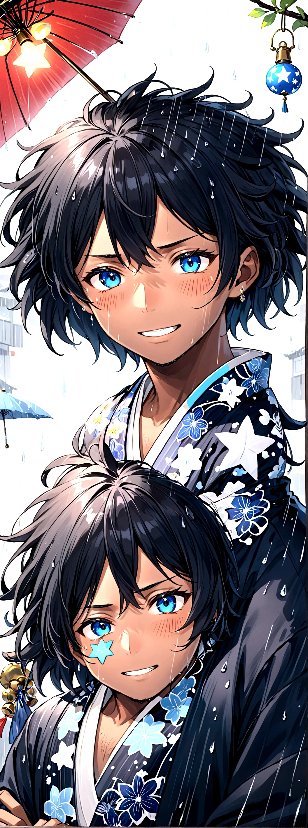 A dark-skinned man with very happy blue eyes, with short, fluffy hair with some navy blue strands, wears a white yukata with a baby blue star print and bells as accessories... But it's crying while it's raining.