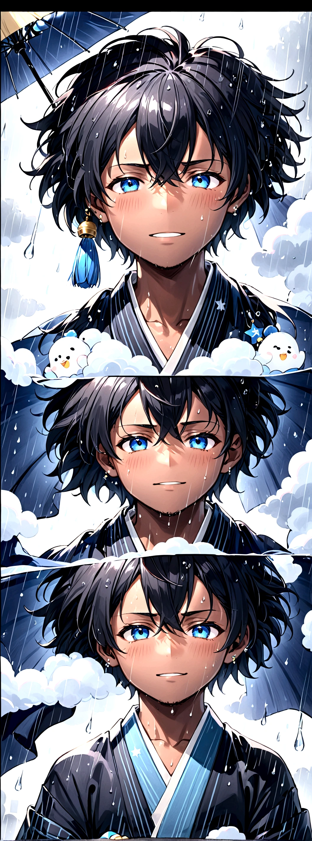 A dark-skinned man with very happy blue eyes, with short, fluffy hair with some navy blue strands, wears a white yukata with a baby blue star print and bells as accessories... But it's crying while it's raining.