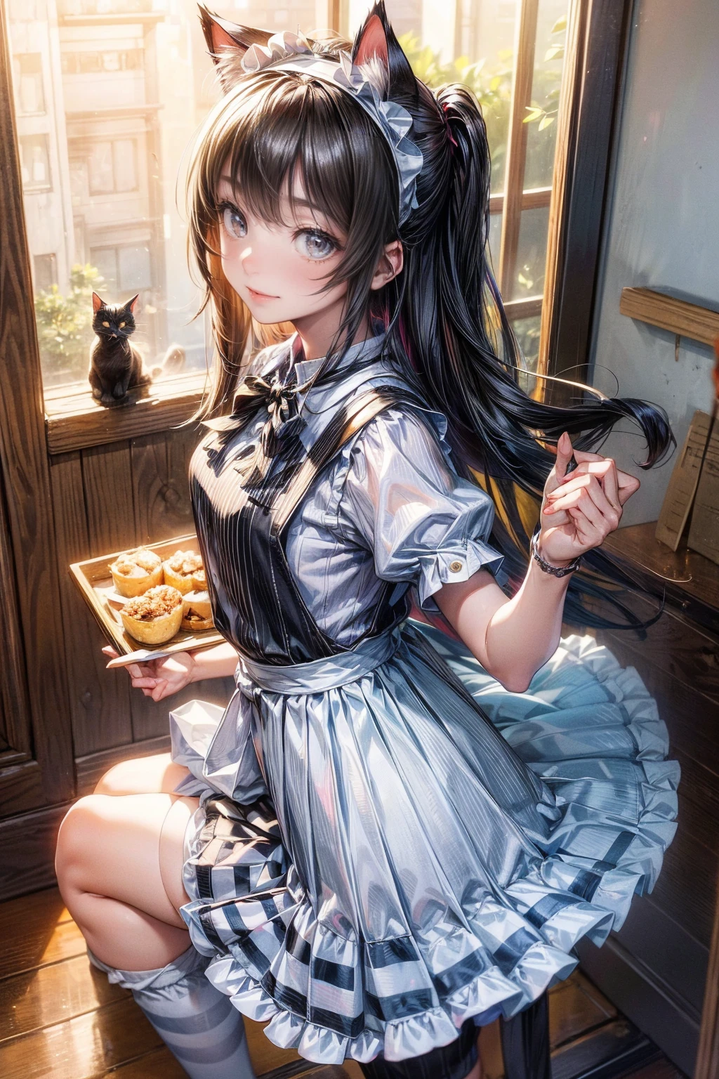One Girl、(20-year-old woman)、Cat ears headband、Cat tail、Detailed maid、Holding a tray with two parfaits on it in one hand、With the other hand, lift your skirt to show your underwear、Short skirt、I can see your pants、White knee-high socks、(Striped pants:1.3)、Highest quality、8K、Beautiful Face、Mischievous smile、Wink to the viewer、View Viewer、A bright cafe with a black cat