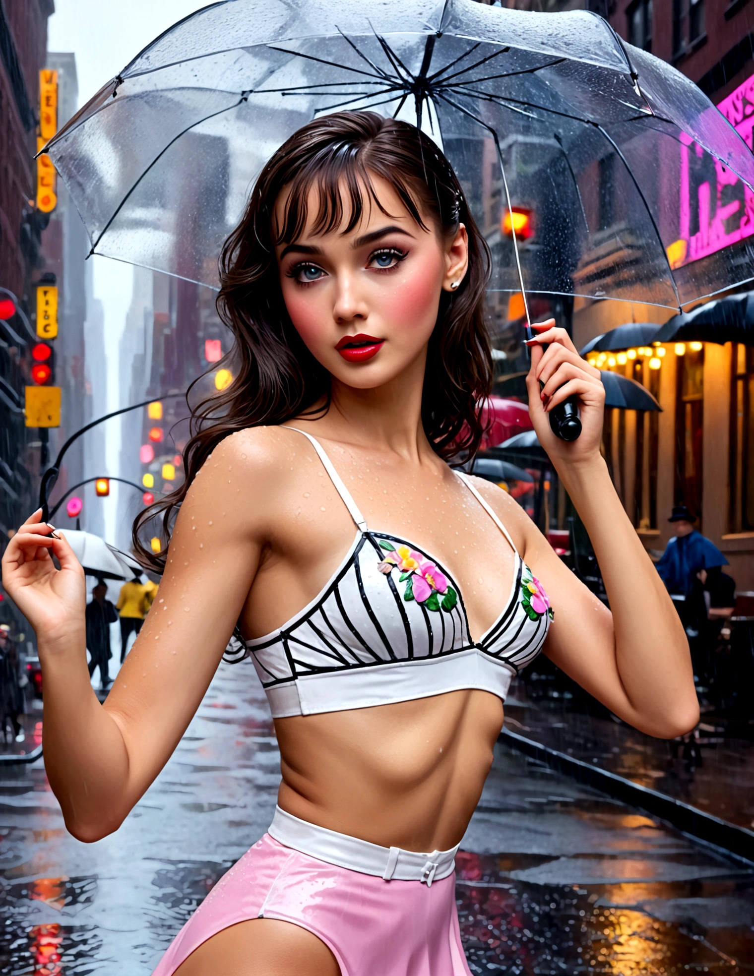 A cute woman in a tiny outfit, tap dancing happily in the heavy rain on the 1950s streets of New York, singing in the rain, (best quality,4k,8k,highres,masterpiece:1.2),ultra-detailed,(realistic,photorealistic,photo-realistic:1.37),1girl,beautiful detailed eyes,beautiful detailed lips,extremely detailed eyes and face,longeyelashes,oil painting,intricate details,vibrant colors,dramatic lighting,cinematic angle,nostalgic,vintage,retro,musical,dancing,rain,wet,umbrella,neon lights,cobblestone streets,classic architecture,New York cityscape