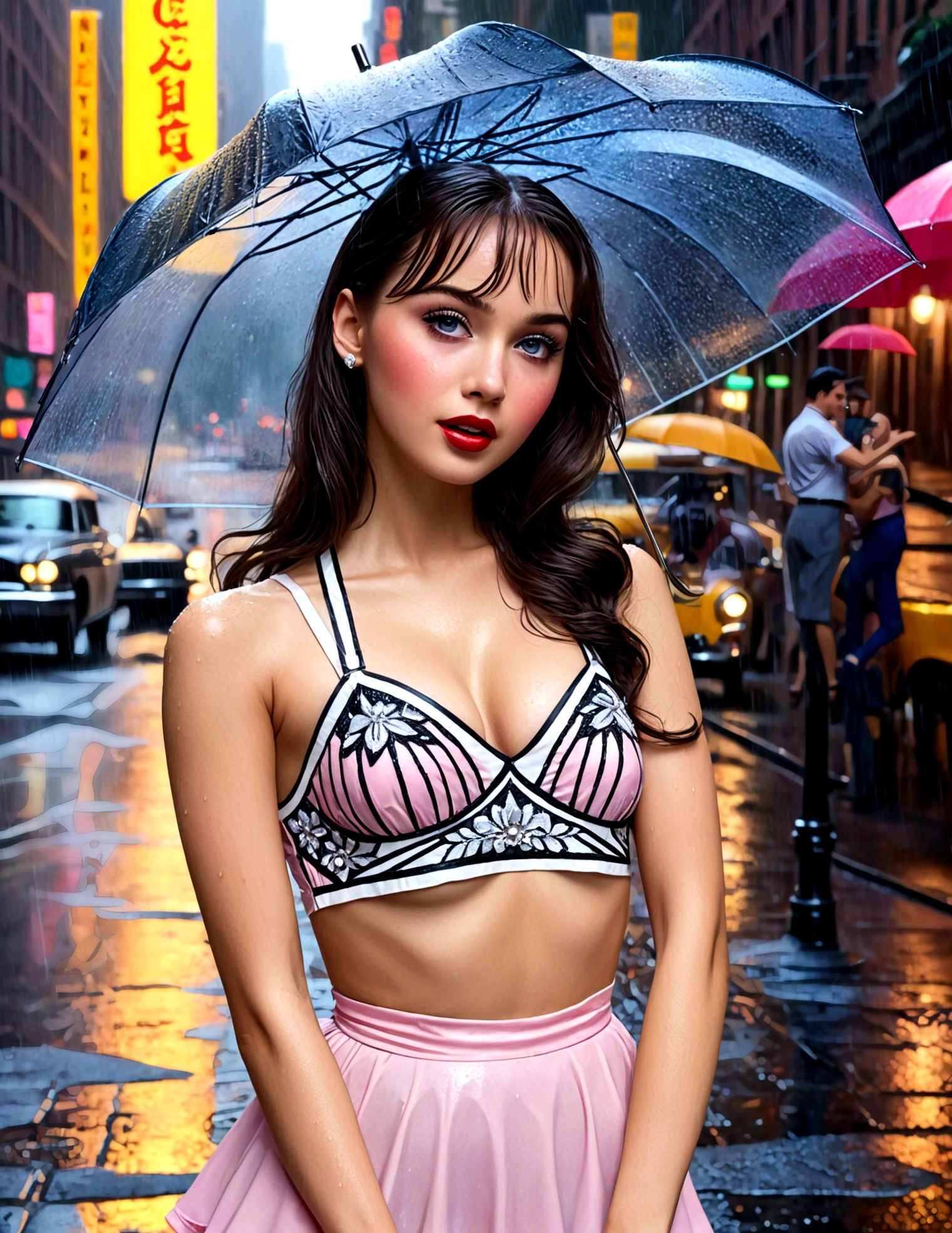 A cute woman in a tiny outfit, tap dancing happily in the heavy rain on the 1950s streets of New York, singing in the rain, (best quality,4k,8k,highres,masterpiece:1.2),ultra-detailed,(realistic,photorealistic,photo-realistic:1.37),1girl,beautiful detailed eyes,beautiful detailed lips,extremely detailed eyes and face,longeyelashes,oil painting,intricate details,vibrant colors,dramatic lighting,cinematic angle,nostalgic,vintage,retro,musical,dancing,rain,wet,umbrella,neon lights,cobblestone streets,classic architecture,New York cityscape