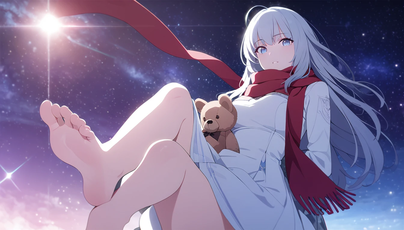 (((masterpiece))), (((best quality))),(((high detail))),light manipulation, girl with long silver hair, gradient purple to sky blue eyes, wearing a white dress, a red scarf , galaxy background, holding a teddy bear, feet, no footwear