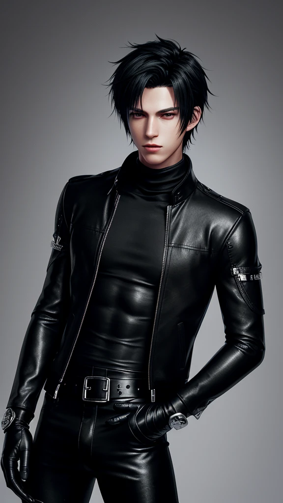 Final fantasy taste and reality graphics, Japanese young cute and cool ikemen boy, his age is early 20s, thin eyebrows and beady eyes, he wearing off black color leather thick singlebrest biker jacket, with epaulet, must close the front of the leather jacket, jacket is biker style, jacket is voluminous, , jacket collar is high length stand-up collar with belts, jacket is a little black line pattern,close the front of the jacket, also wearing black thick turtleneck lackluster shirts, tight black leather pants, shiny black leather tight and thin glove, black leather knee-high raceup boots,must views head-to-toe,must views whole body, boy looks like fashion model,Do not show skin from the neck down,leather jacket leather glove and leather pants have few wrinkles,boy in the room,