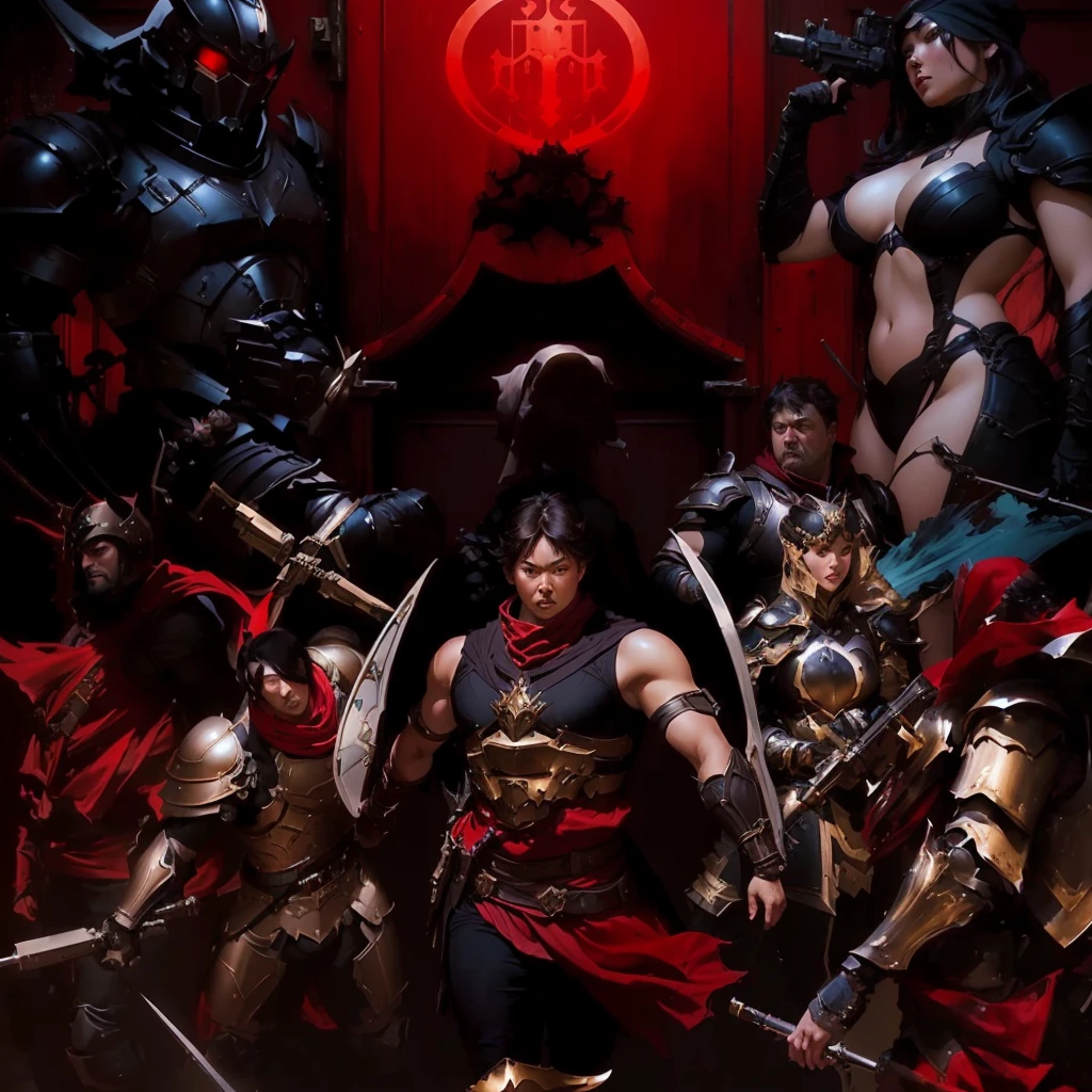 a group of people dressed in costumes and armor standing in front of a red door, artgerm craig mullins, artgerm and craig mullins, craig mullins and artgerm, masayoshi suto and artgerm, artgerm and genzoman, artgerm comic, by Jorge Jacinto, artgerm and ben lo