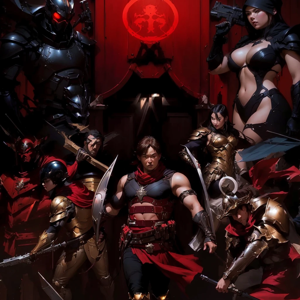 a group of people dressed in costumes and armor standing in front of a red door, artgerm craig mullins, artgerm and craig mullins, craig mullins and artgerm, masayoshi suto and artgerm, artgerm and genzoman, artgerm comic, by Jorge Jacinto, artgerm and ben lo