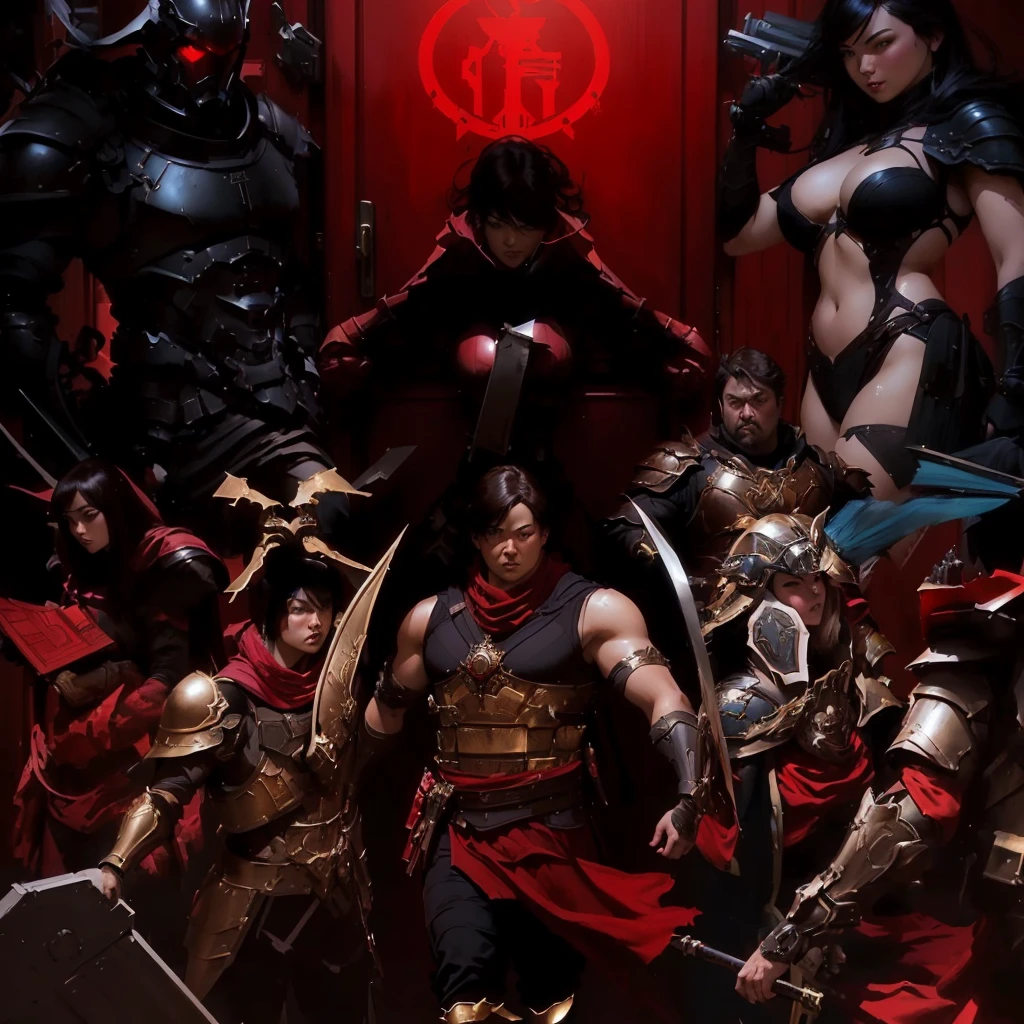 a group of people dressed in costumes and armor standing in front of a red door, artgerm craig mullins, artgerm and craig mullins, craig mullins and artgerm, masayoshi suto and artgerm, artgerm and genzoman, artgerm comic, by Jorge Jacinto, artgerm and ben lo