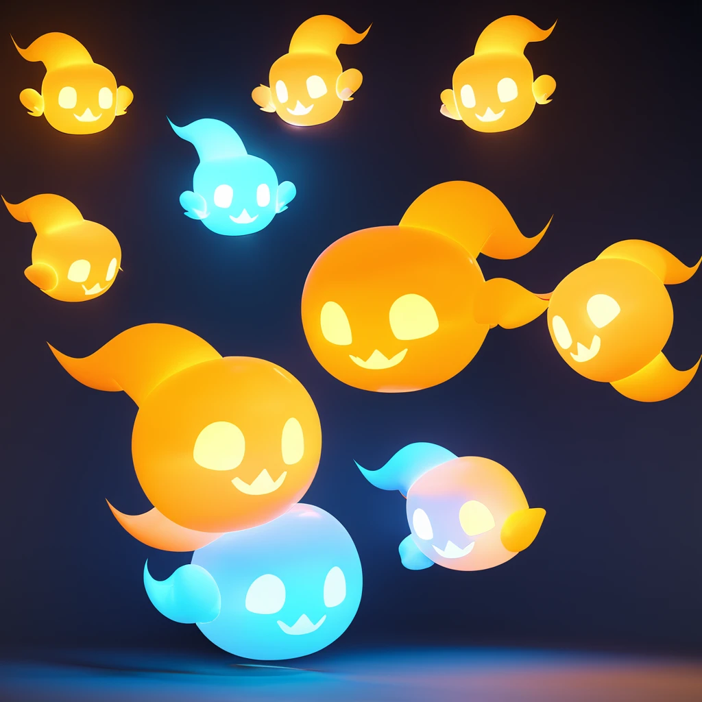 floating glowing lantern ghosts in 3d cartoon art style