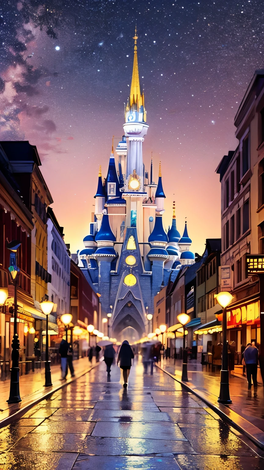Highest quality, Super quality, 16K, Incredibly absurd, Very detailed, 2.5D, delicate and dynamic, Movie Scenes, Opera, official, Theme park, Disneyland, character, night, rain, The road surface is wet, Colorful light reflected in a puddle, dance with everyone, Run around