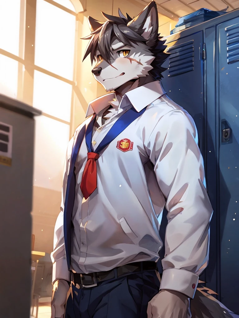 embedding:Gray wolf,Golden Eyes,Single Person,a scar on the face.Gray fur,High school students,Chinese school uniform,Scratch head,Standing by the school locker,Nervous,With his school uniform jacket in his hand,Male.Handsome,Smart,Best quality hands, best quality eye,detailed fur,Delicate eyes.Extreme picture quality,by sollyz,by zixiong,by null_ghost