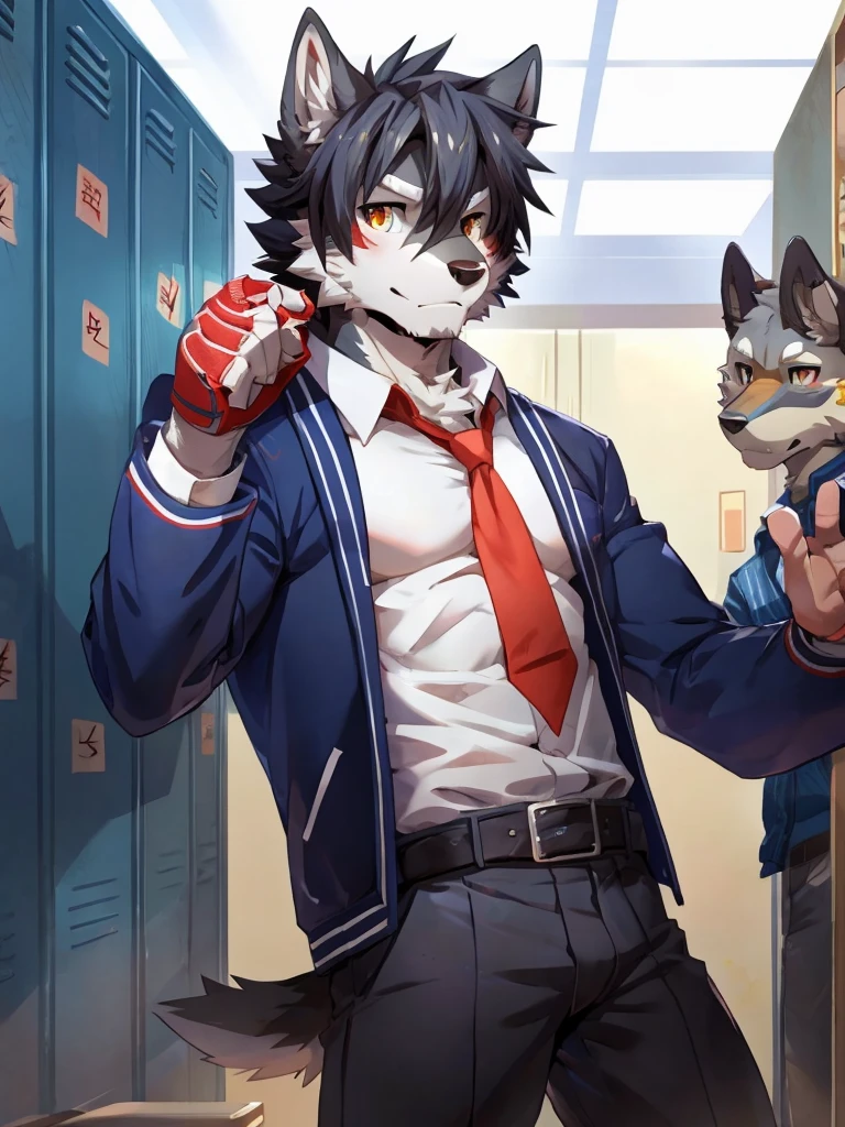 embedding:Gray wolf,Golden Eyes,Single Person,a scar on the face.Gray fur,High school students,Chinese school uniform,Scratch head,Standing by the school locker,Nervous,With his school uniform jacket in his hand,Male.Handsome,Smart,Best quality hands, best quality eye,detailed fur,Delicate eyes.Extreme picture quality,by sollyz,by zixiong,by null_ghost
