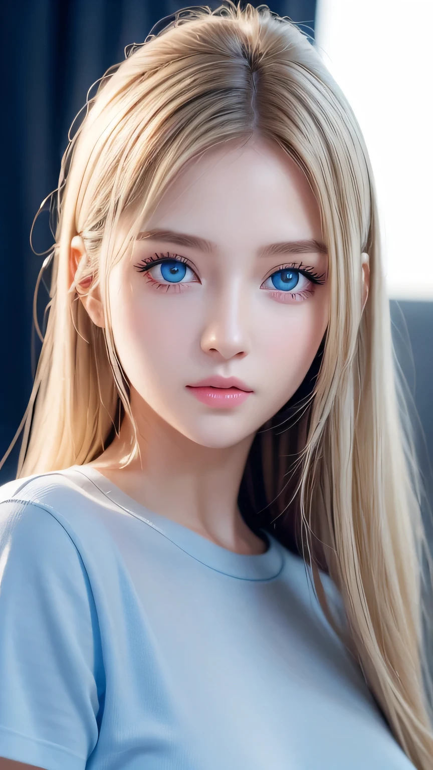 Dressed、(Photorealistic:1.4)、(ハイパーRealistic:1.4)、(Realistic:1.3)、(Smooth lighting:1.05)、(Improved cinematic lighting quality:0.9)、32k、1 Girl、Very cute expression、A beautiful blonde girl、Realistic top lighting、Backlight、Face Light、Super long silky hair、Ray tracing、(Bright light:1.2)、(quality improvement:1.4)、(Highest quality realistic textured skin:1.4)、Very beautiful detailed large shining light blue eyes、Very big eyes、Detailed face、A careful eye for quality、(Tired, sleepy and satisfied: 0.0)、Face close up、T-Shirts、(Enhances the body line:1.1)、(Enhances the beauty of skin texture:1.1)、Cheek gloss highlighter