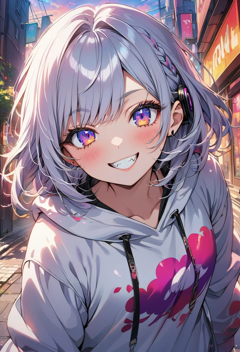 ((Masterpiece)), ((best quality)), (Anime:1.3), (super detail:1.2), (High Definition:1.3), (Professional Photography:1.3),cute young Girl, Glossy unruly hair, (loose swept bangs), (silver ash hair), medium hair, big eyes, (Eye bags:1.3), (Long eyelashes), colorful eyes, (evil smile and blush), Glossy lips, (jagged teeth), ((white hoodie with oversized)), barearms, cute, (Pocket in hands), (colorful:1.3), gothic makeup, (walking around the City), colorful petals dance around her, beautiful sunset, wearing headphones, 