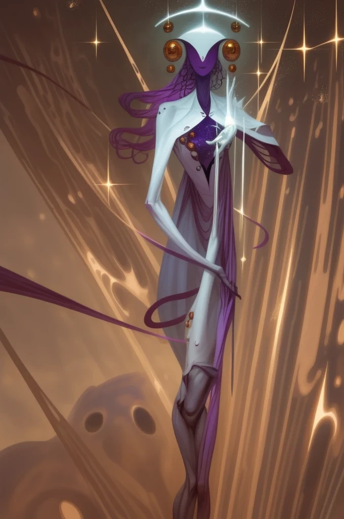 A powerful humanoid figure, a towering faceless entity in a perfect white void, doesn't have a humanoid face, an alien of incredible scale, galactic purple skin, 6 slits across the face pouring with stardust, very long limbs, strange hands with 2 thumbs and 2 fingers on each side, pearly white piercings lining up symmetrical across its abdomen, pearly white and alien jewelry hanging off the sides of its head, bipedal and has two lanky arms, very ethereal form, very prominent (upside-down triangle) mask with 6 slits pouring stardust