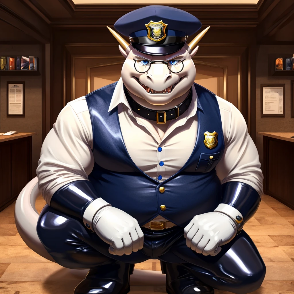 Solo, Male, fat, squatting, extremely obese, gentleman, dapper Dragon, blue eyes, (soft shading), 4k, hi res, ((detailed face, detailed)), looking at viewer, evil grin, police station, collared shirt with buttons, hat, male focus, Police Uniform, glasses, monocle, vest with buttons, sleeves rolled up, round eyewear, headwear, vest, Dragon is wearing a glossy leather dog collar around the neck, Dragon is wearing the leather collar and shirt and vest at the same time, Dragon is wearing glossy white rubber gloves on the hands, wearing white rubber gloves on the feet, Dragon is wearing glossy white cuffs around the wrists with cufflinks, gloves are rubber in texture, clenching teeth, clenching fists, leather collar is glossy and shiny with a lot of detail, Dragon is wearing gloves and cuffs and cufflinks at the same time, leather collar has a round dog-tag, leather collar is thick and detailed.